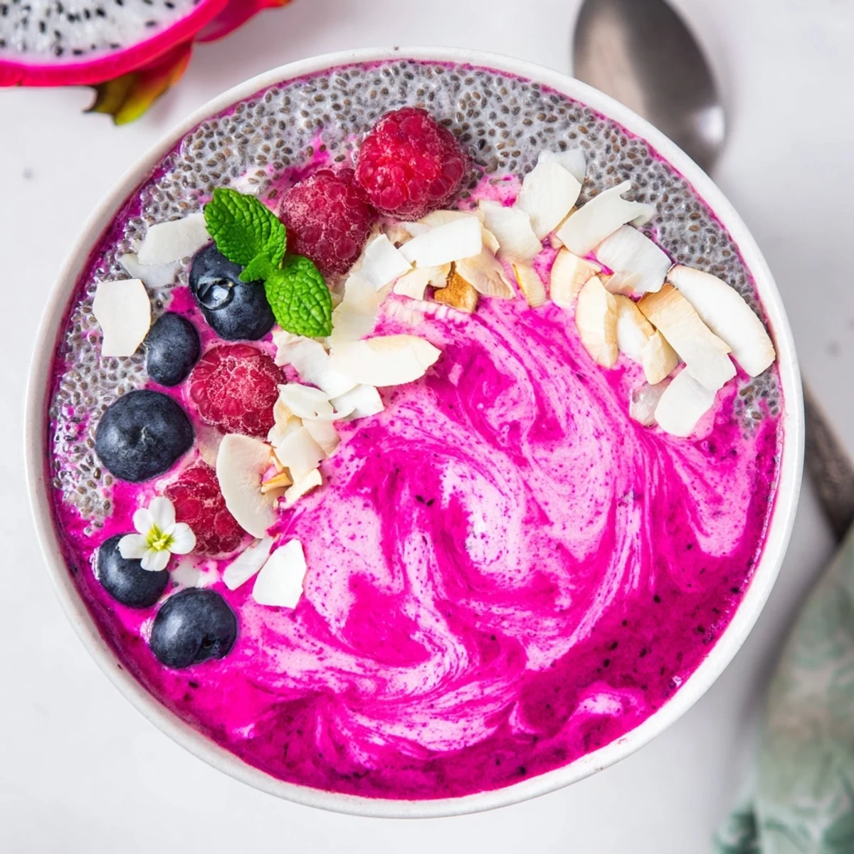 Dragonfruit Coconut Vanilla Chia Breakfast Bowl topped with toasted coconut and berries