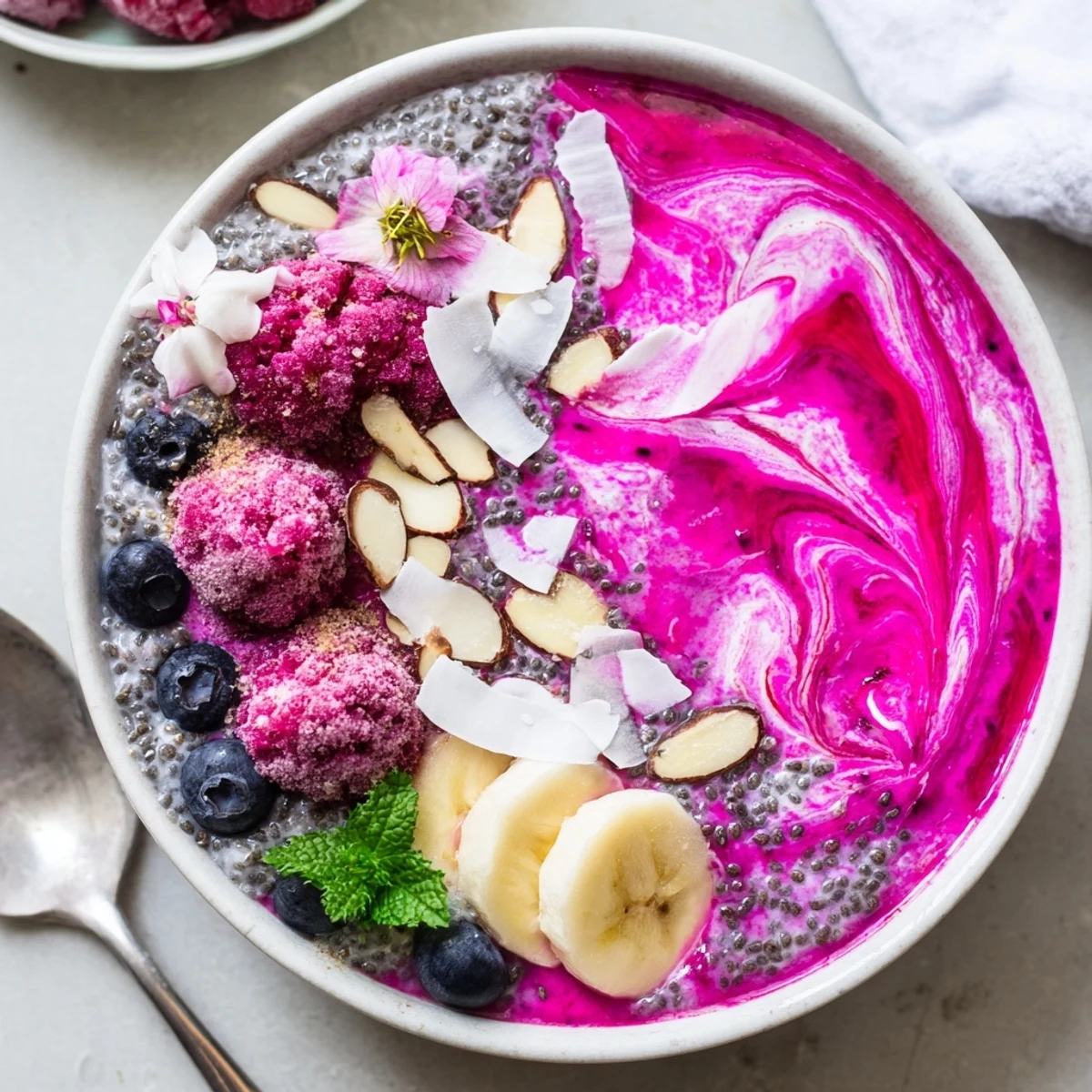Chilled Dragonfruit Coconut Vanilla Chia Breakfast Bowl with silky puree and sliced almonds