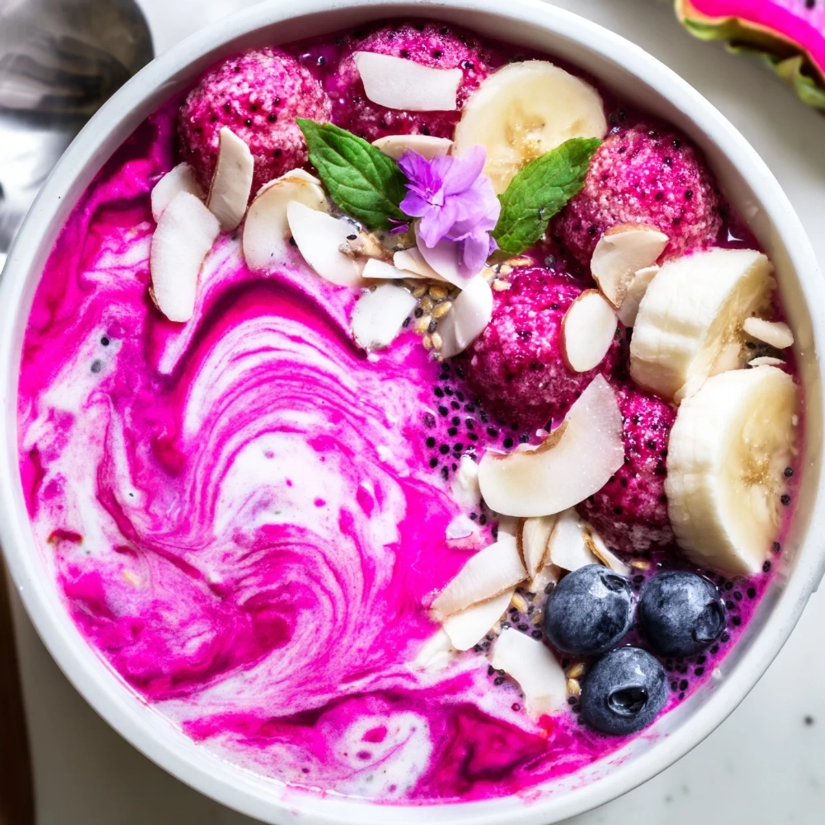 Morning Dragonfruit Coconut Vanilla Chia Breakfast Bowl, vibrant pink swirl with mint garnish