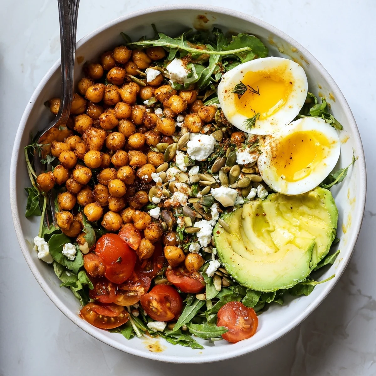 Savory Lemon Herb Chickpea and Arugula Breakfast Bowl with creamy avocado and soft-boiled egg