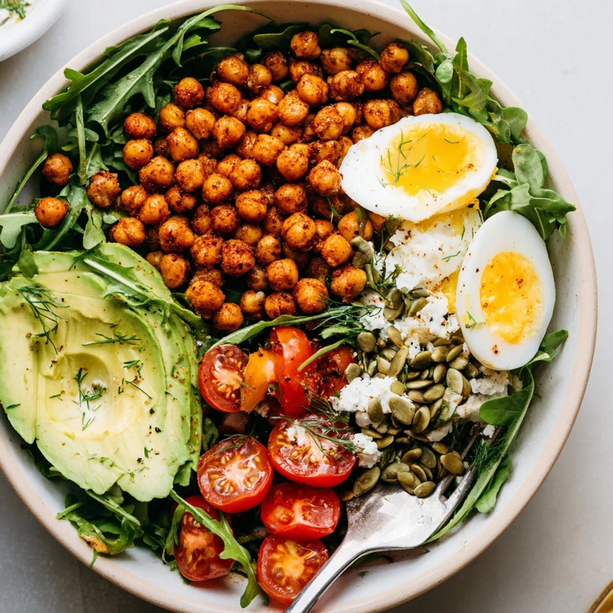 Savory Lemon Herb Chickpea and Arugula Breakfast Bowl paired with crusty whole-grain toast