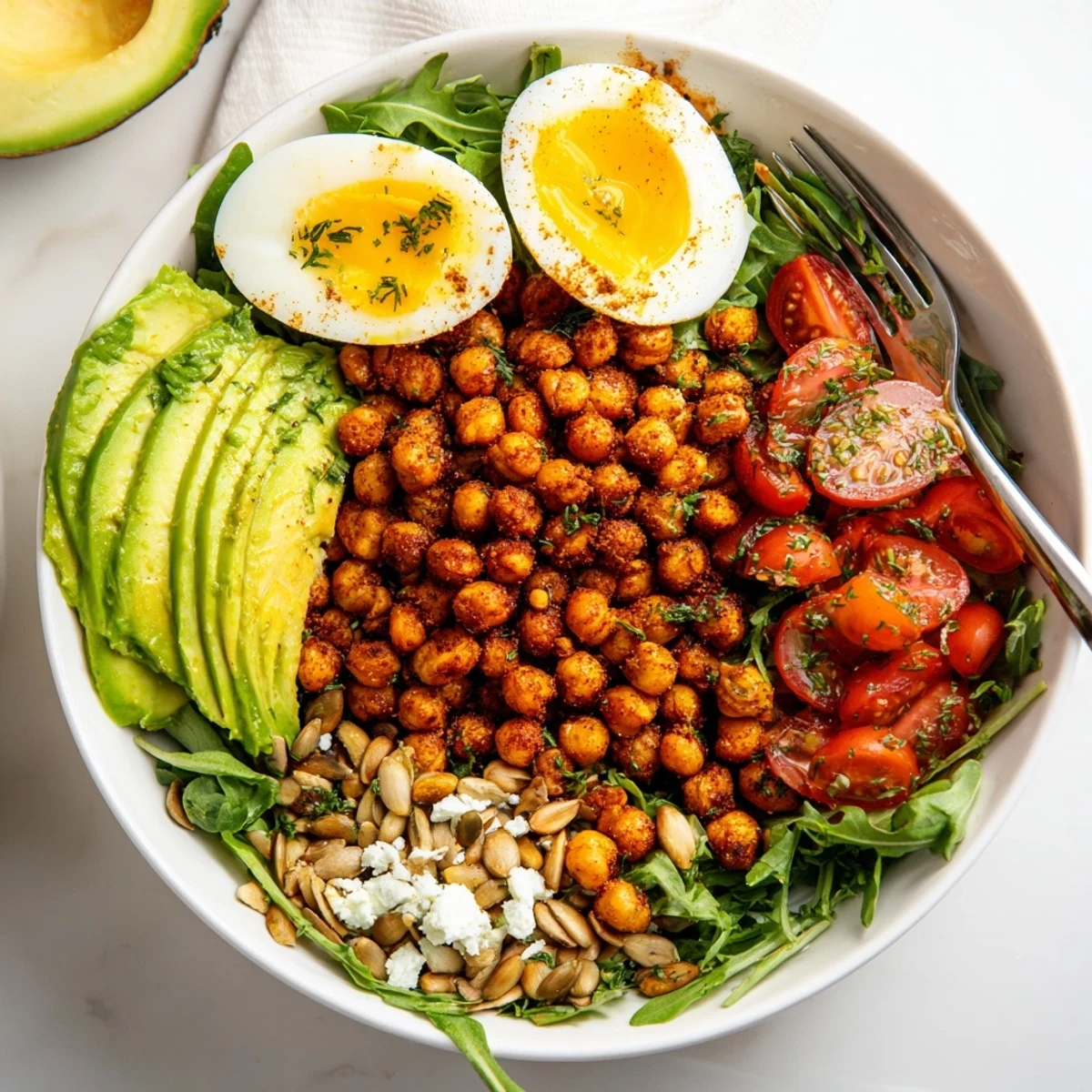 Savory Lemon Herb Chickpea and Arugula Breakfast Bowl drizzled with zesty dressing, cherry tomatoes