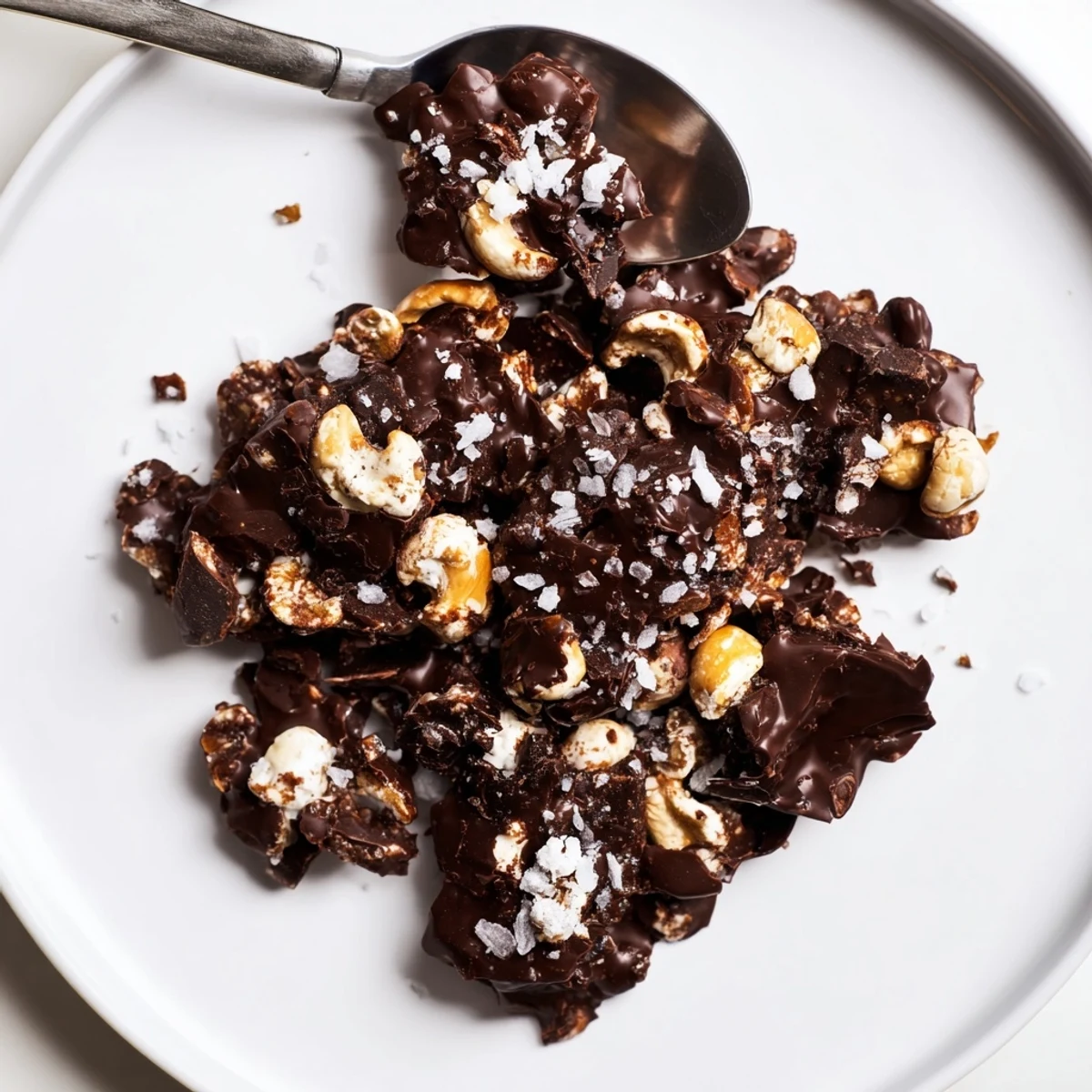 Dark Chocolate Cashew Date Crunch Clusters chilled on parchment, glossy chocolate sheen