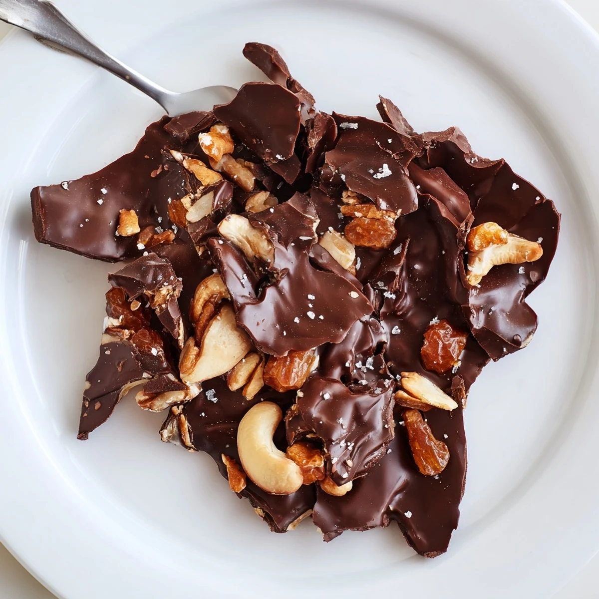 Fork-ready Dark Chocolate Cashew Date Crunch Clusters studded with toasted cashews