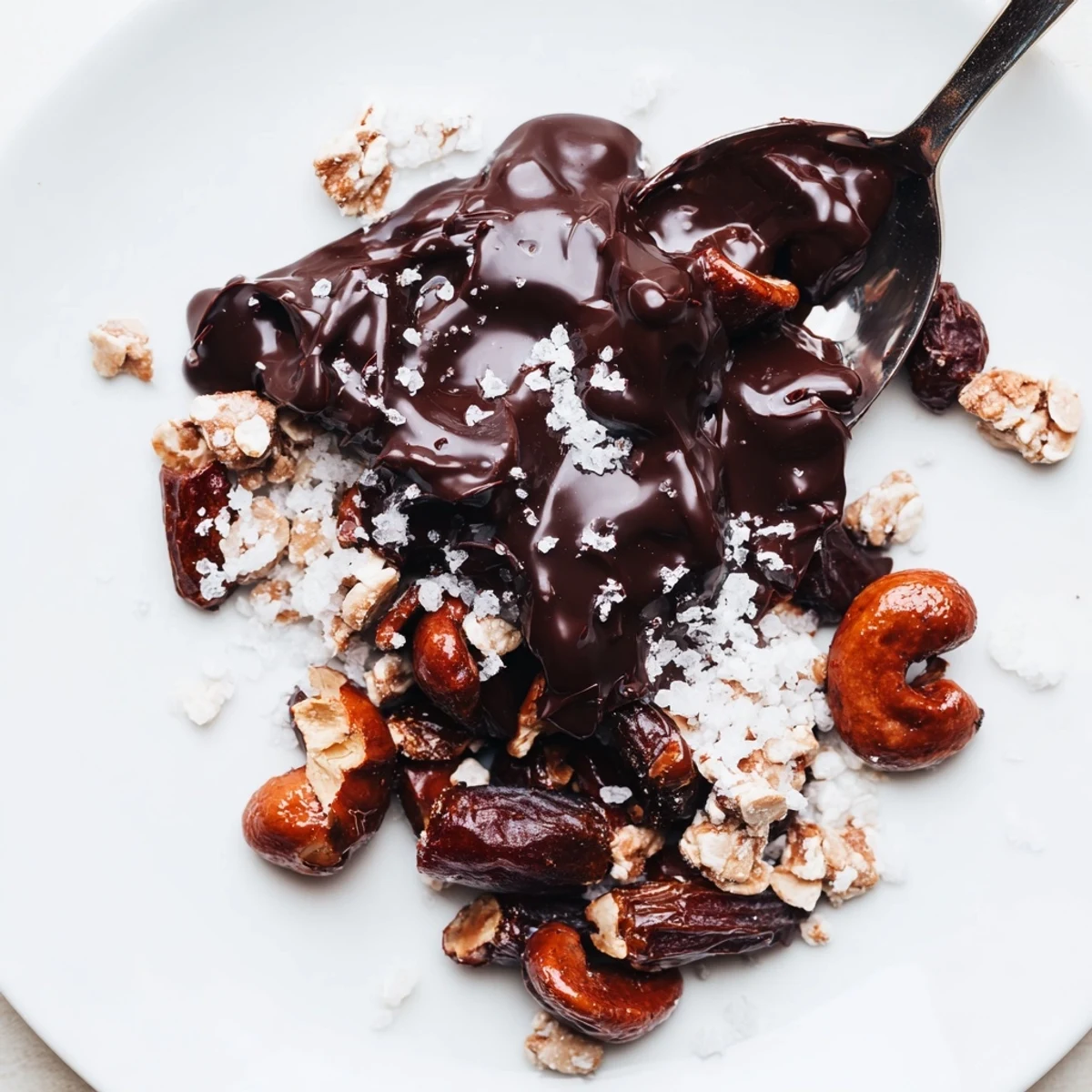 Parchment-lined tray of bite-sized glossy treats: Dark Chocolate Cashew Date Crunch Clusters