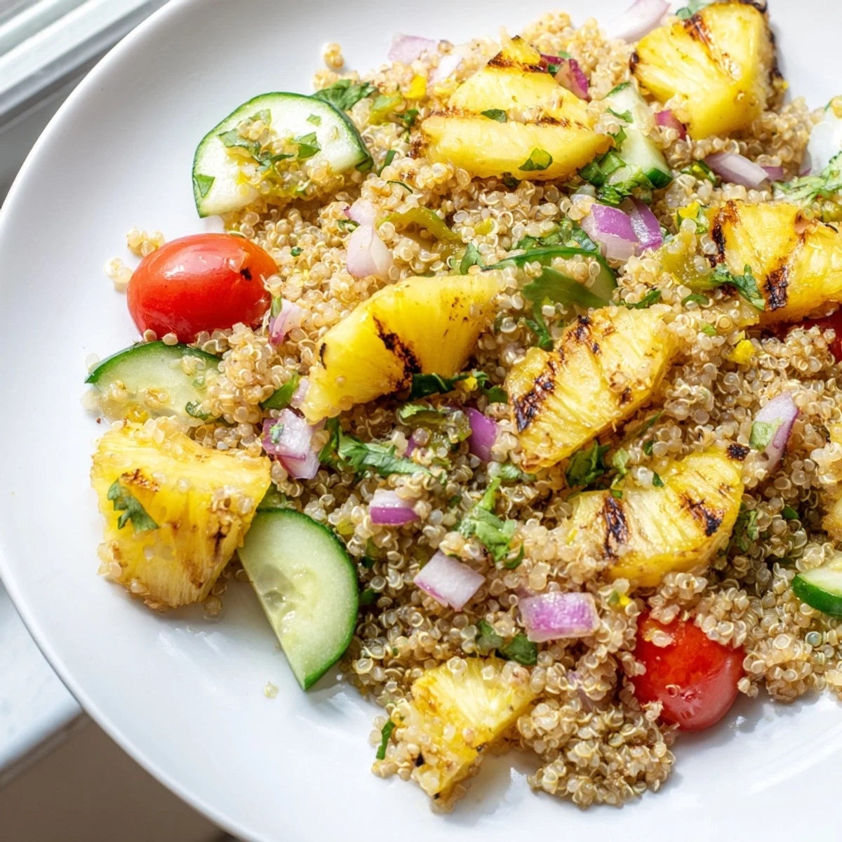 Colorful grilled pineapple cilantro lime quinoa grain salad in a rustic serving bowl