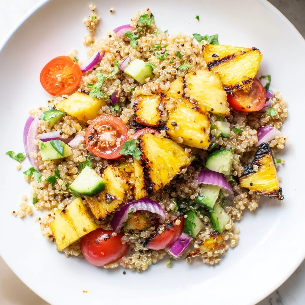Close-up of grilled pineapple cilantro lime quinoa grain salad tossed with fresh vegetables