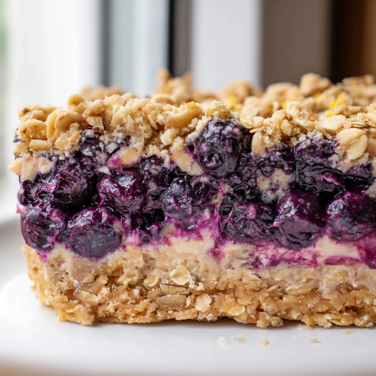 Creamy vanilla cashew layer peeks through bubbling blueberries and buttery golden oat crumble on these luscious dessert bars