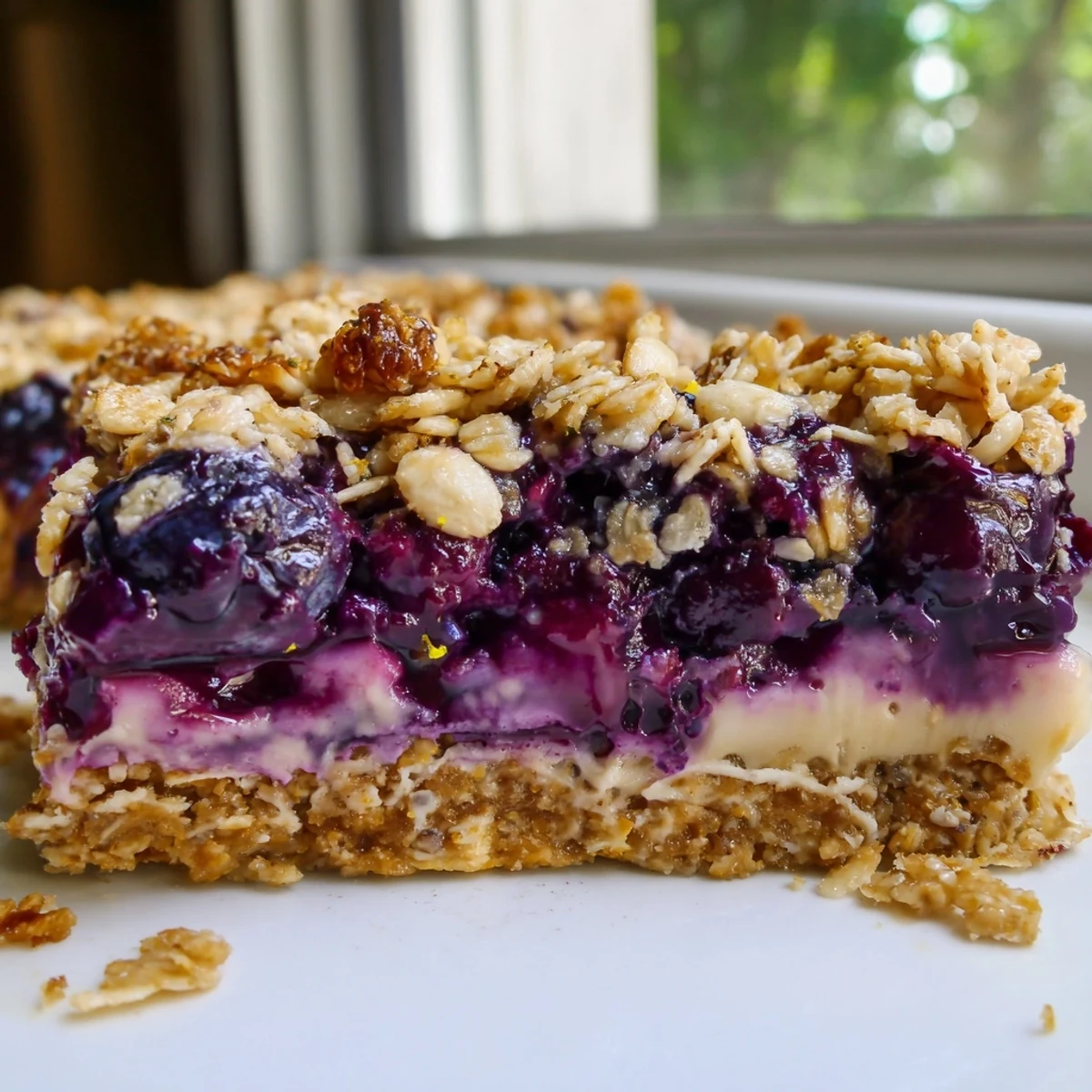 Golden oat crumble tops juicy blueberries and creamy vanilla cashew filling in these Blueberry Vanilla Cashew Cream Crumble Bars