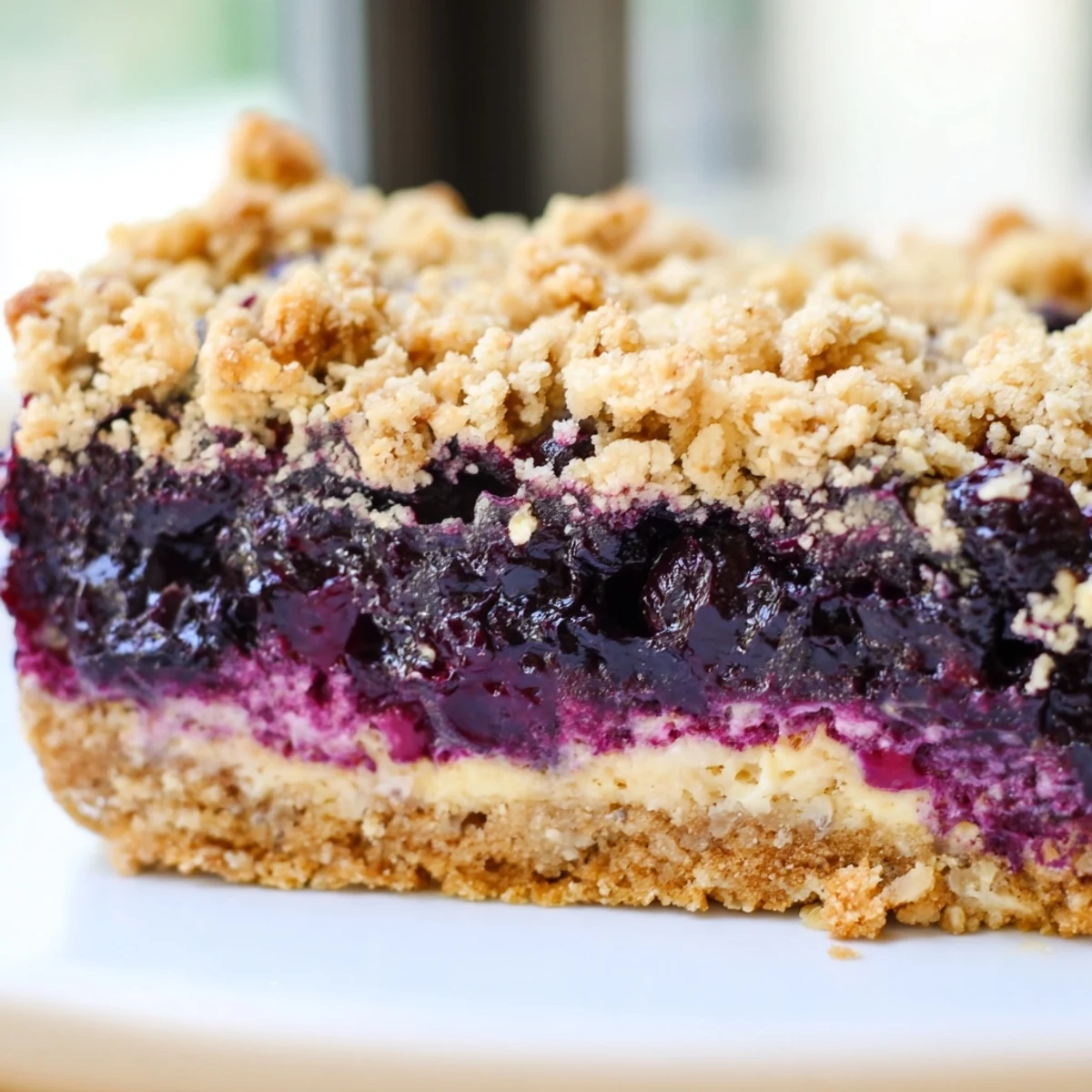 A rustic baking pan of Blueberry Vanilla Cashew Cream Crumble Bars with golden crumb topping and jewel-toned berries