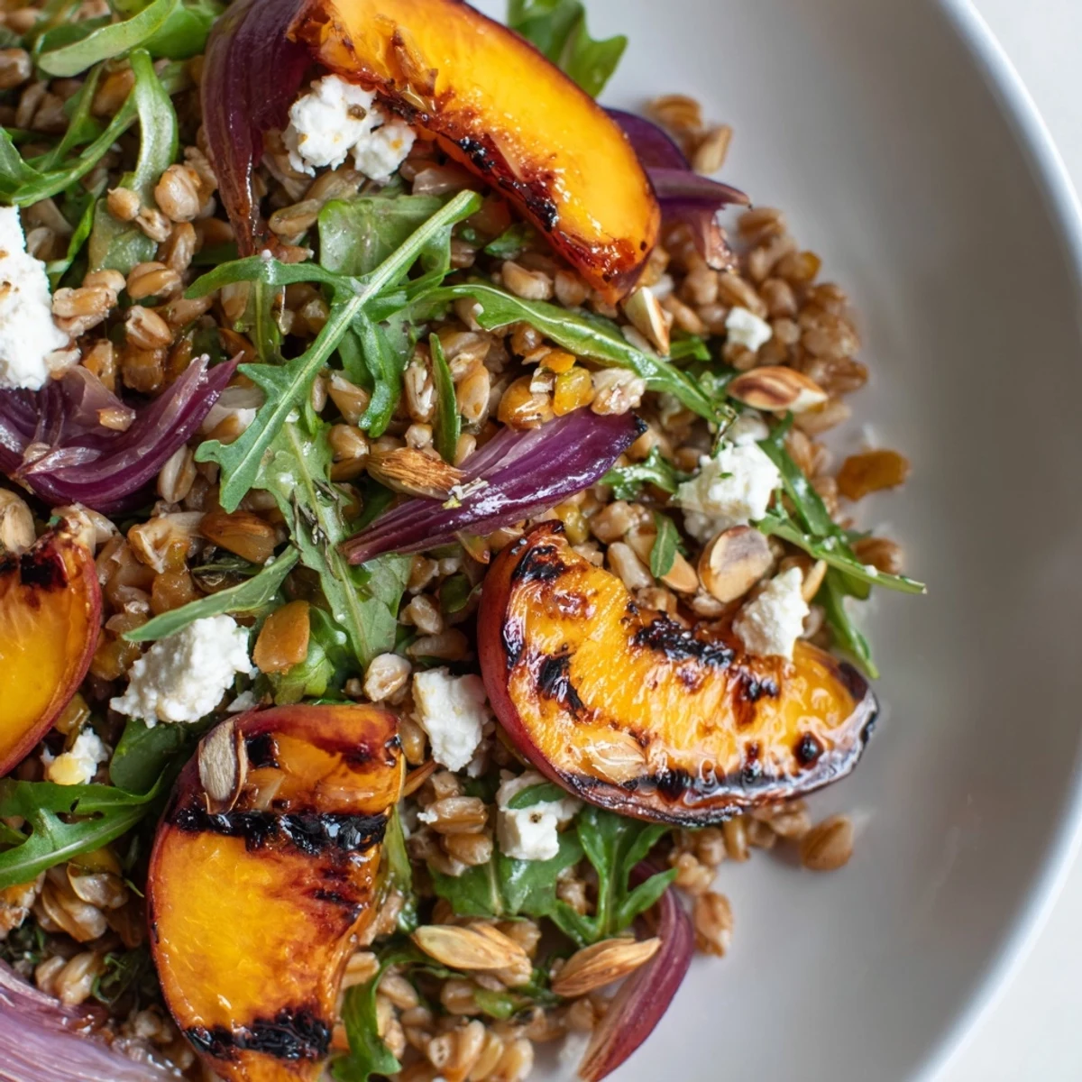 Roasted Peach Thyme Farro Grain Salad topped with crumbled feta and caramelized peach slices