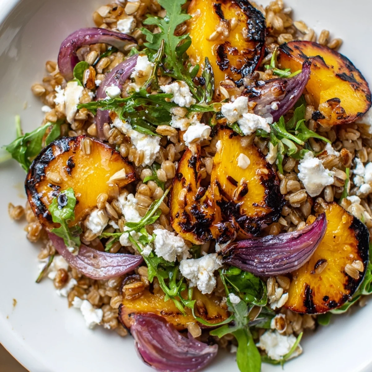 Golden roasted peaches nestled atop a vibrant Roasted Peach Thyme Farro Grain Salad with arugula