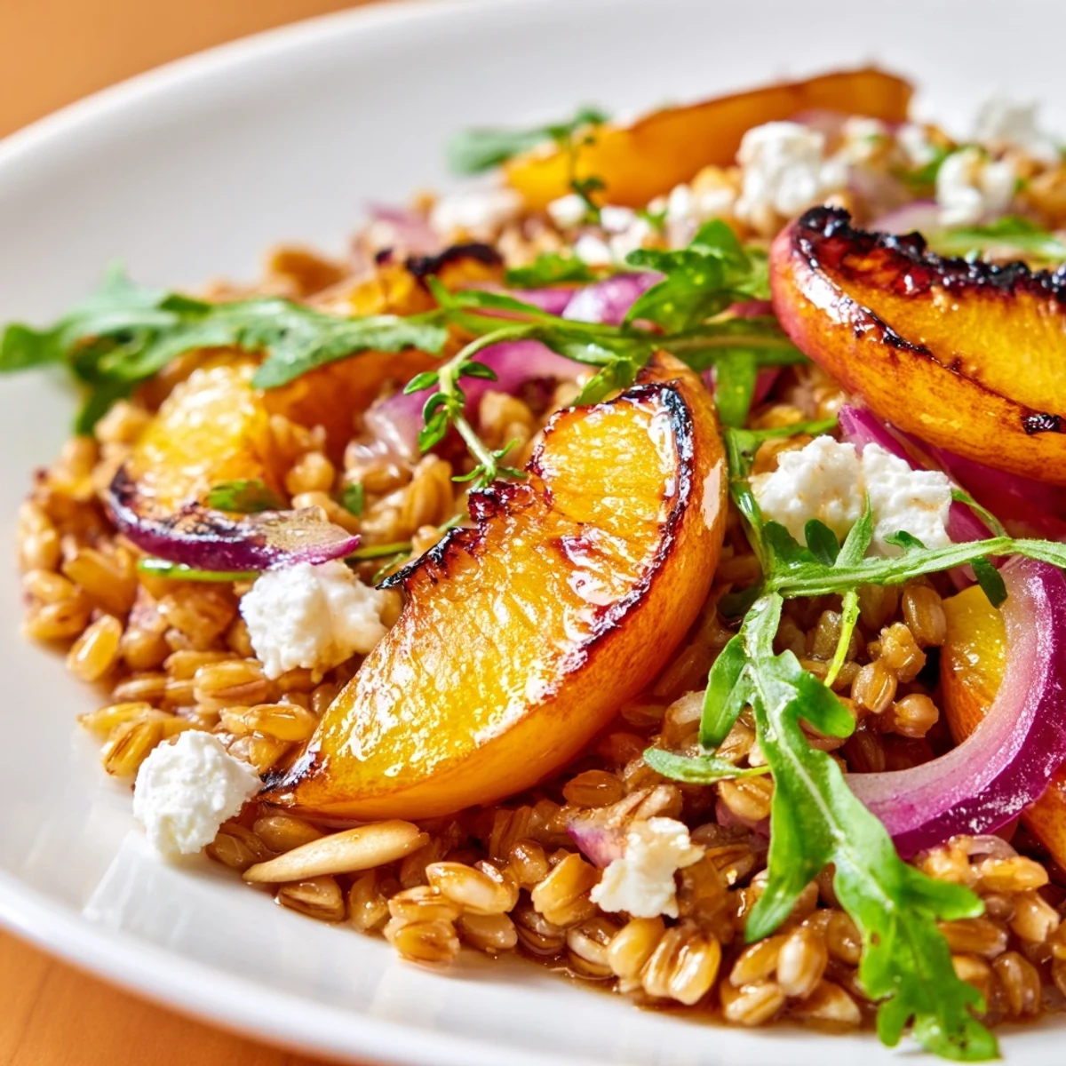 Warm Roasted Peach Thyme Farro Grain Salad drizzled with tangy balsamic vinaigrette and toasted almonds