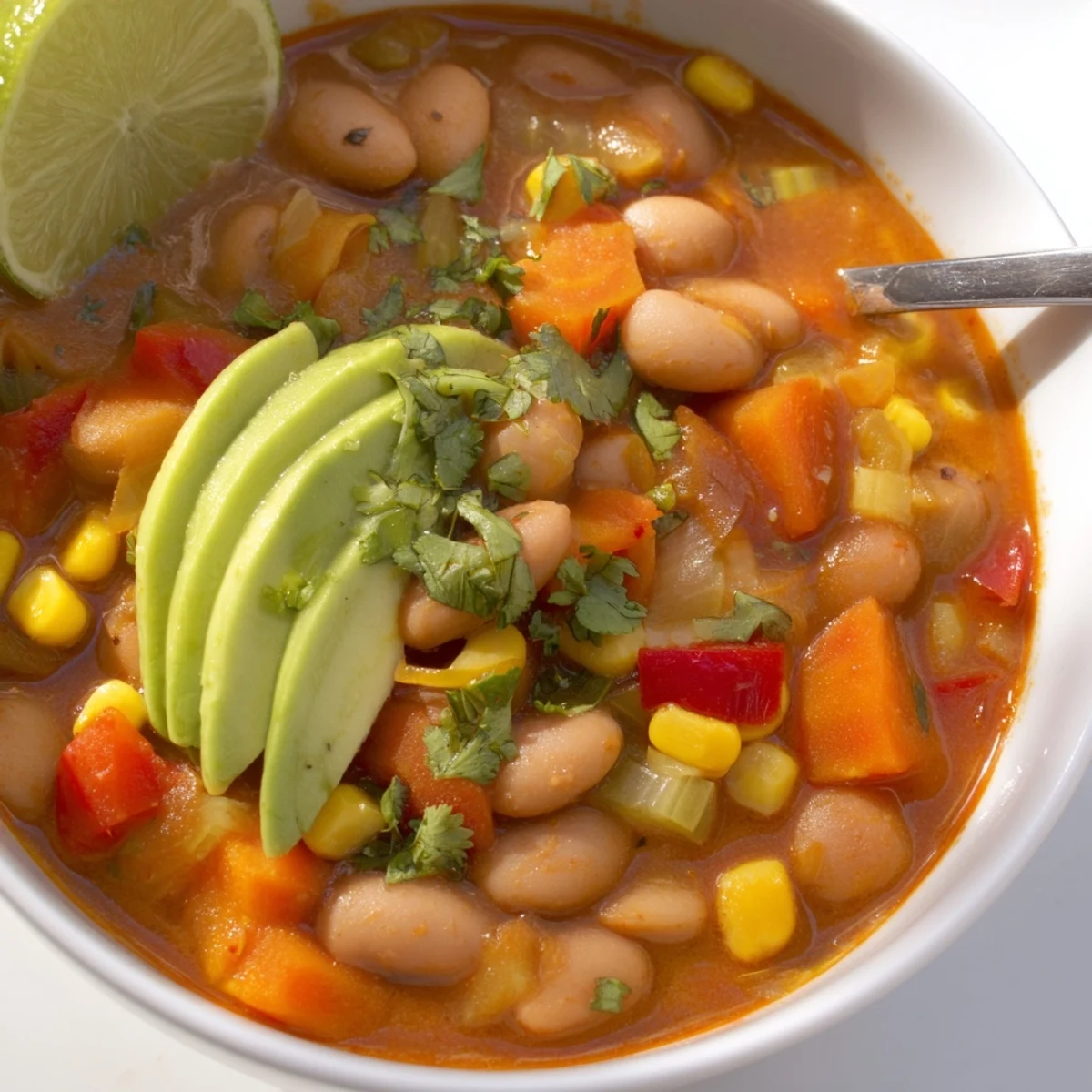 Steaming bowl of smoky pinto bean and sweet corn hearty soup topped with fresh cilantro