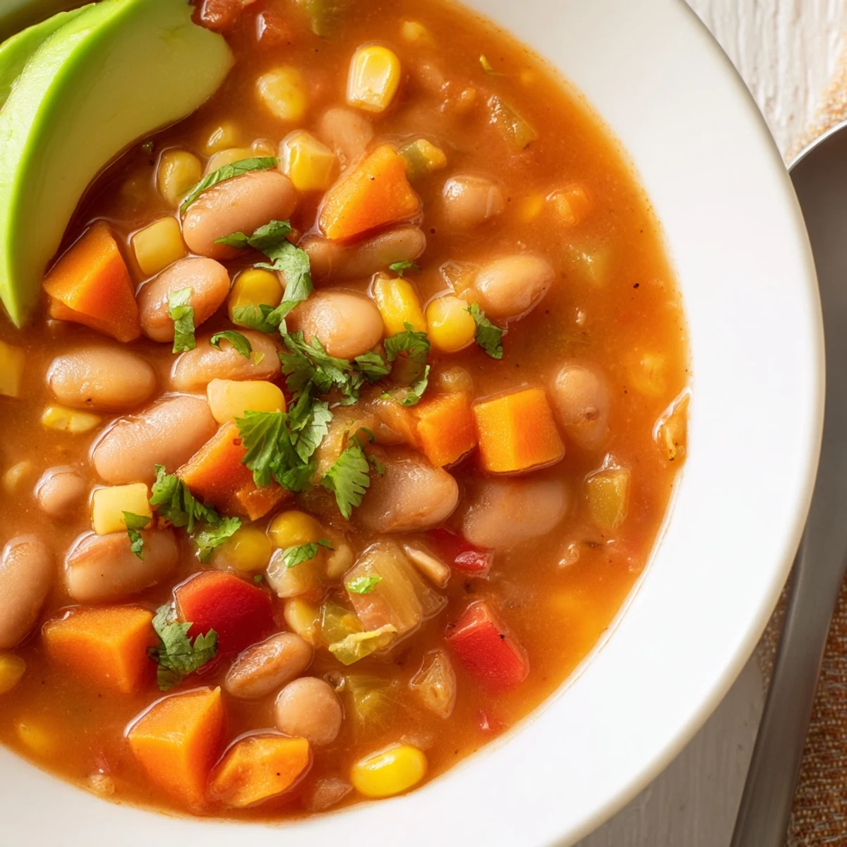 Thick rustic smoky pinto bean and sweet corn hearty soup served with crusty bread on the side