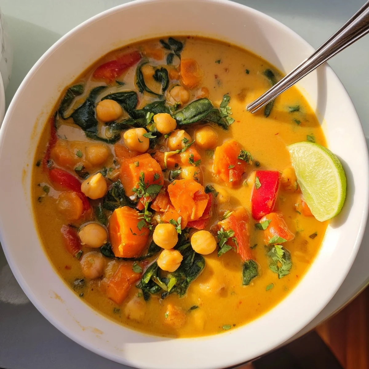 A steaming bowl of spiced coconut tomato chickpea soup topped with fresh cilantro leaves