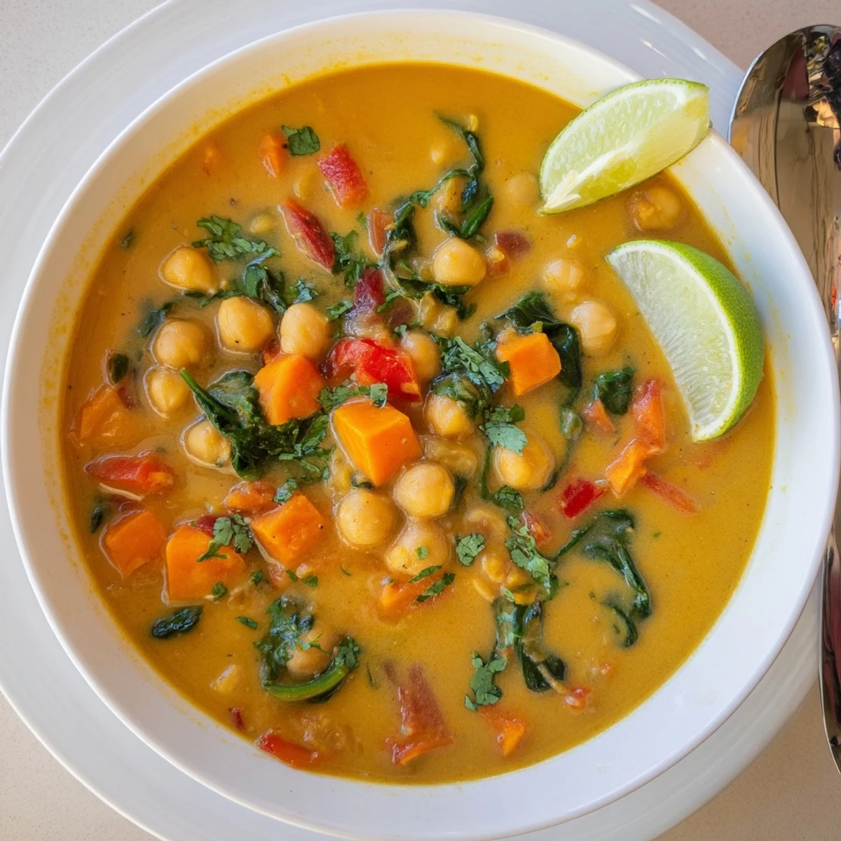 Creamy coconut tomato chickpea soup in a rustic bowl garnished with lime wedges alongside crusty bread