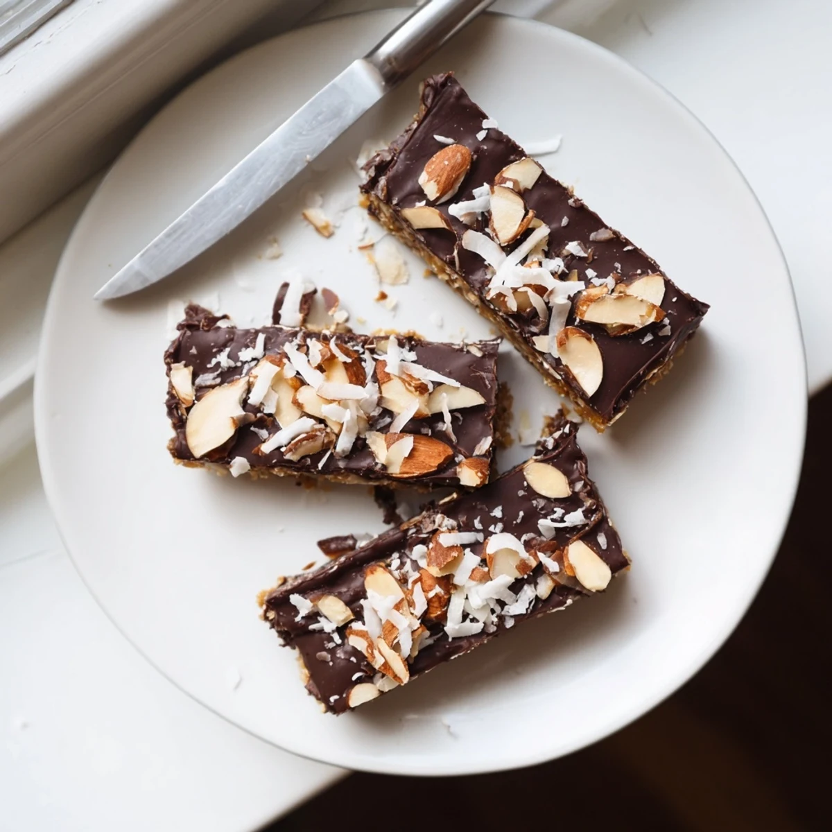 Dark Chocolate Almond Butter Coconut Date Bark topped with toasted almonds and flaky sea salt