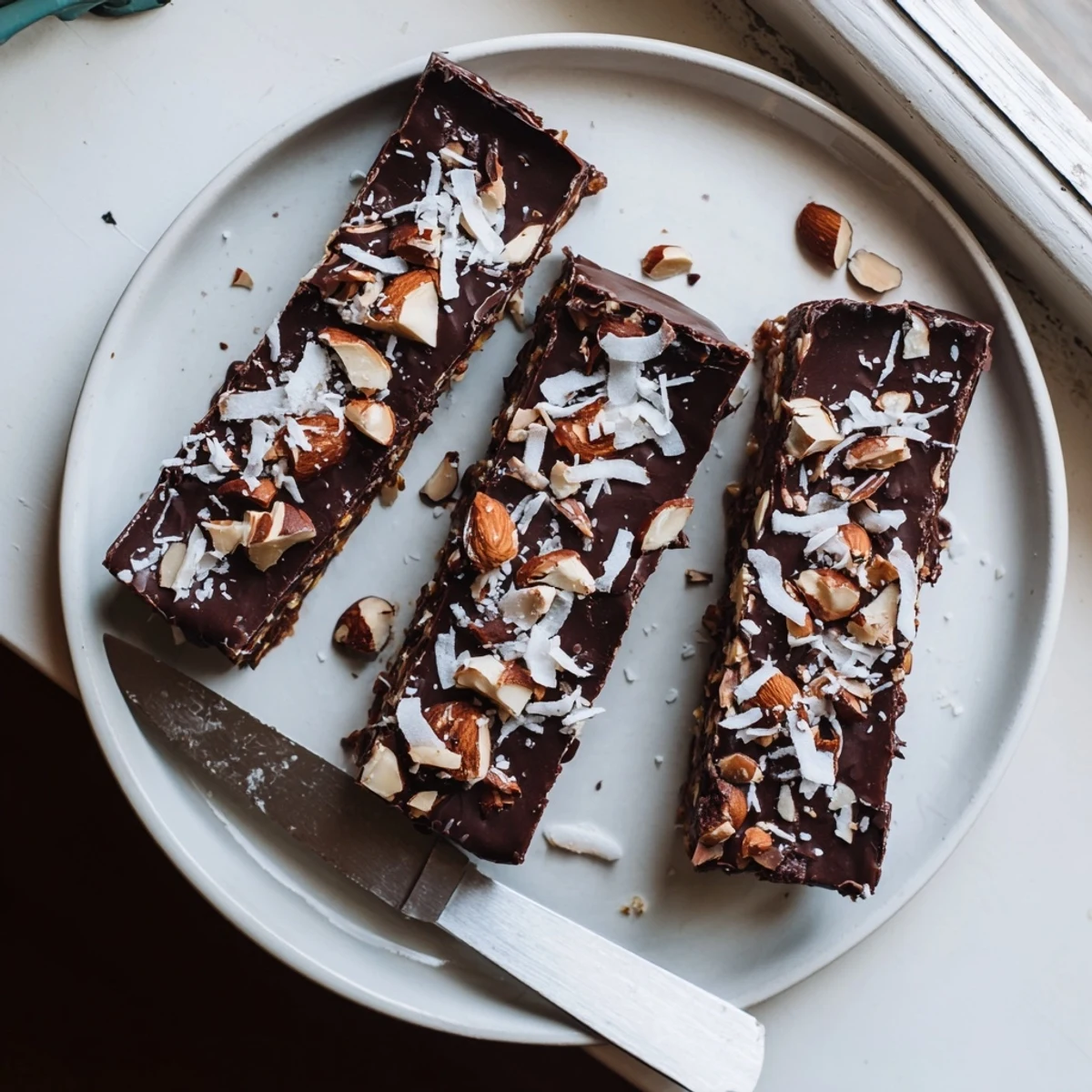 Chewy date base layered with creamy almond butter beneath glossy dark chocolate bark pieces