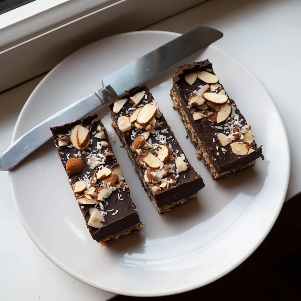 Rich dark chocolate almond butter coconut date bark cut into squares on rustic parchment paper