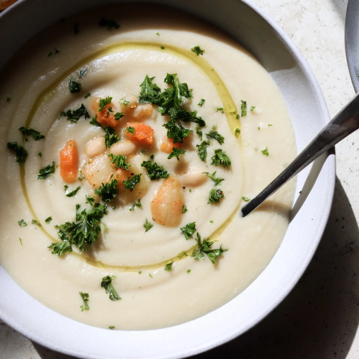 Creamy roasted turnip and white bean soup topped with fresh parsley and olive oil drizzle