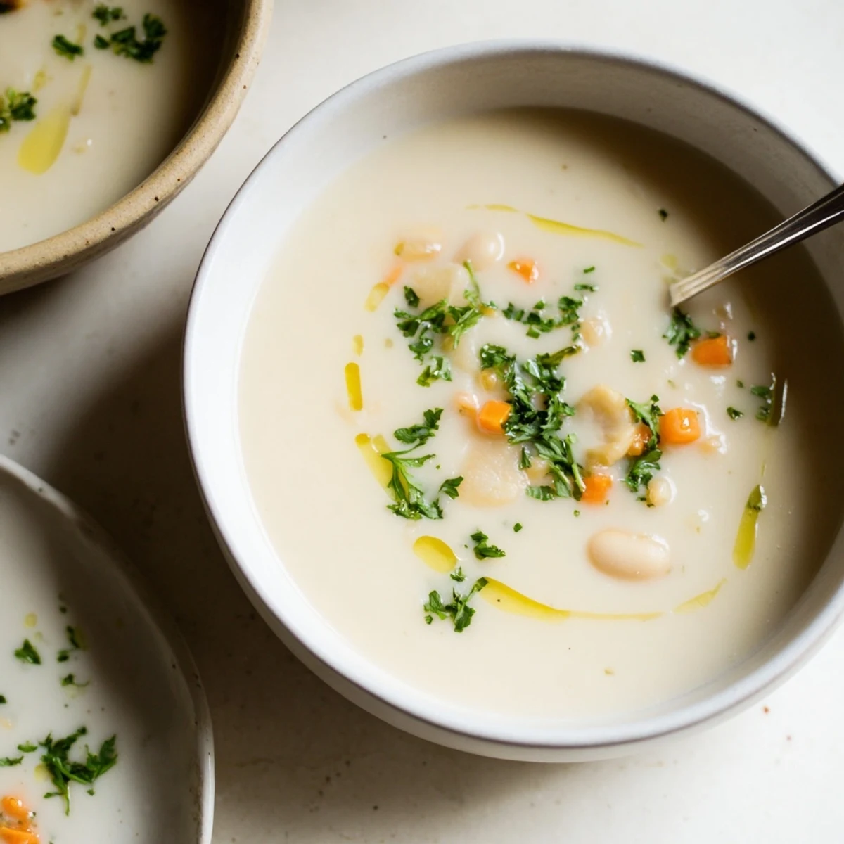 Steaming bowl of creamy roasted turnip and white bean hearty soup with crusty gluten-free bread