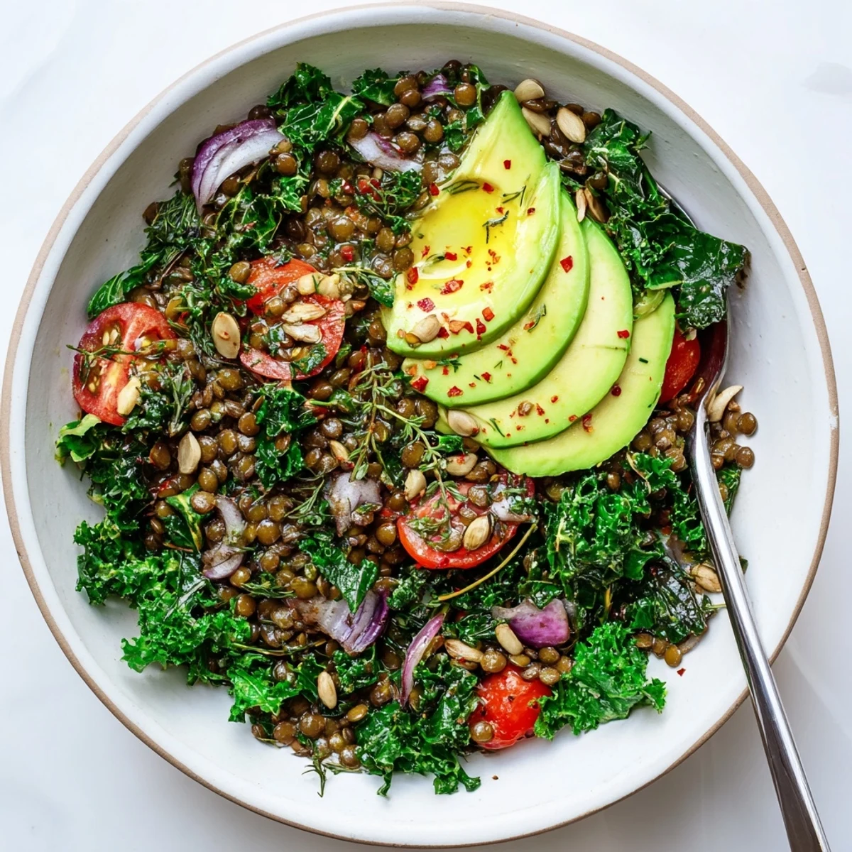 A warm Savory Lemon Herb Lentil and Kale Breakfast Bowl topped with sliced avocado and toasted pepitas.