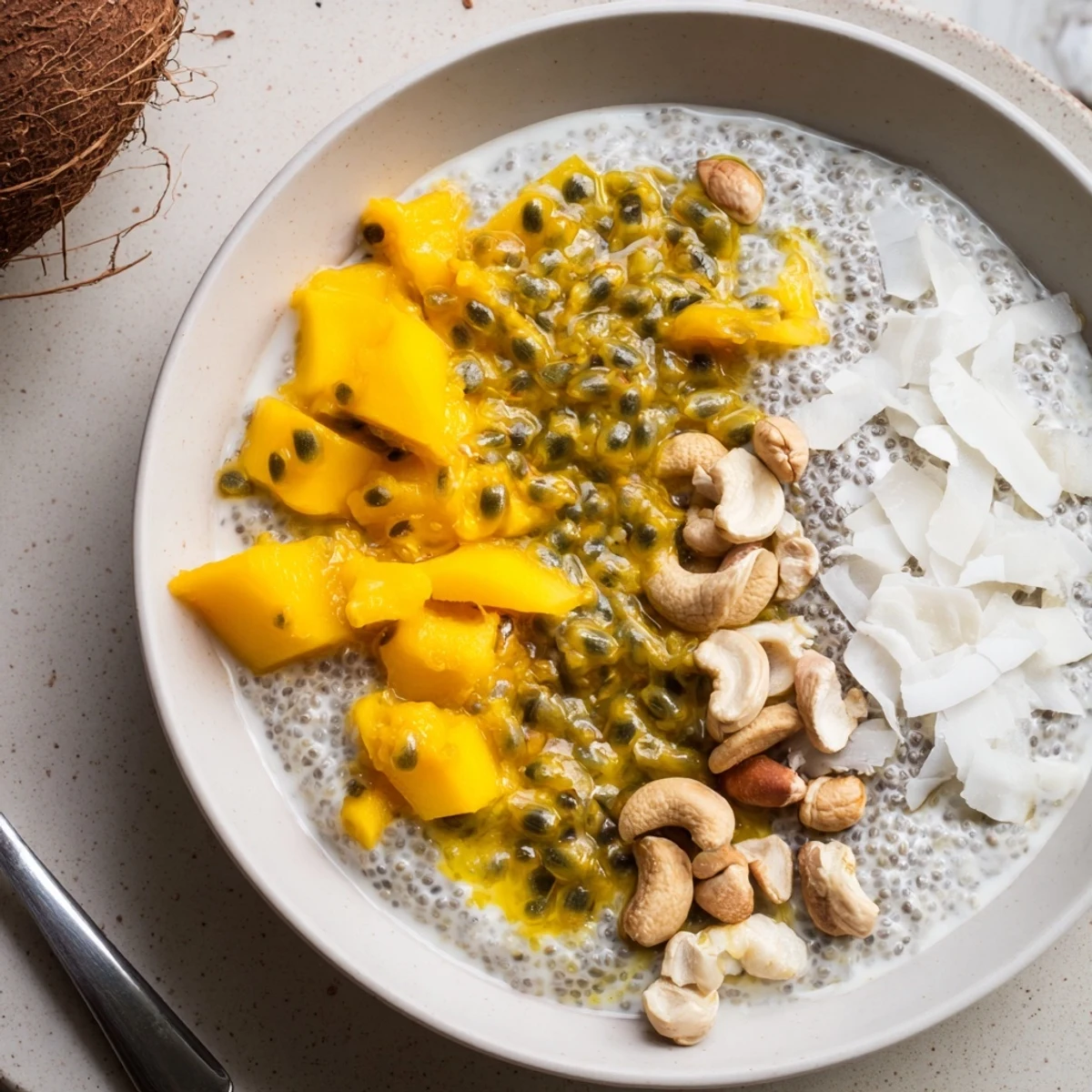 Creamy passionfruit coconut ginger chia breakfast bowl topped with fresh mango and toasted coconut flakes