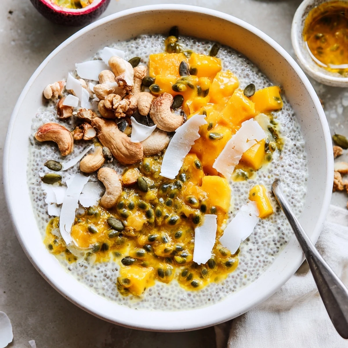 Golden mango and passionfruit crowning a thick passionfruit coconut ginger chia breakfast bowl in a white dish