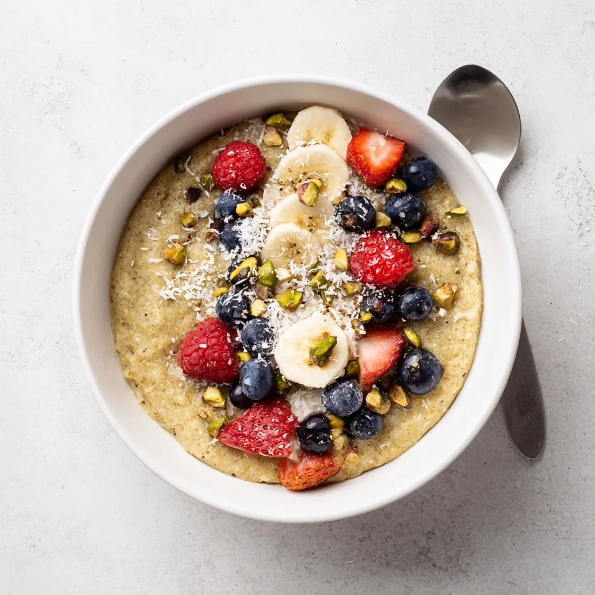 Vanilla cardamom amaranth porridge topped with fresh berries, banana slices, and toasted nuts