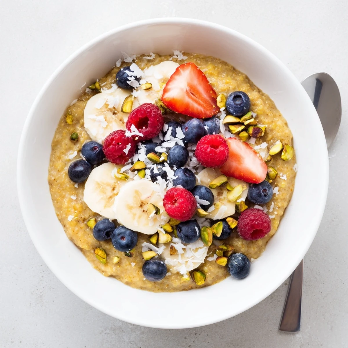 Creamy vanilla cardamom amaranth porridge drizzled with maple syrup in a warm breakfast bowl