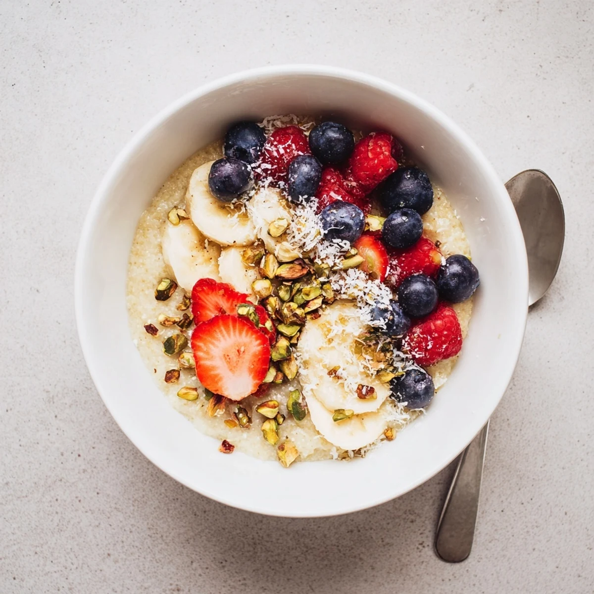 Steaming bowl of vanilla cardamom amaranth porridge garnished with crunchy pistachios and colorful berries