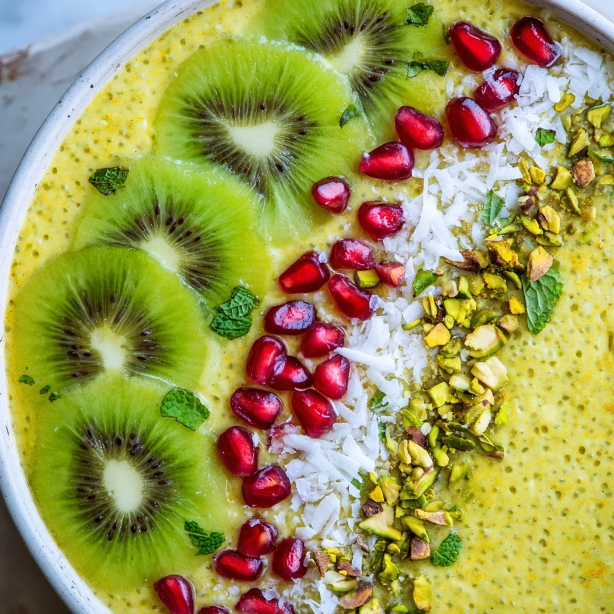 Golden saffron-infused chia pudding topped with fresh kiwi slices and toasted coconut in a breakfast bowl