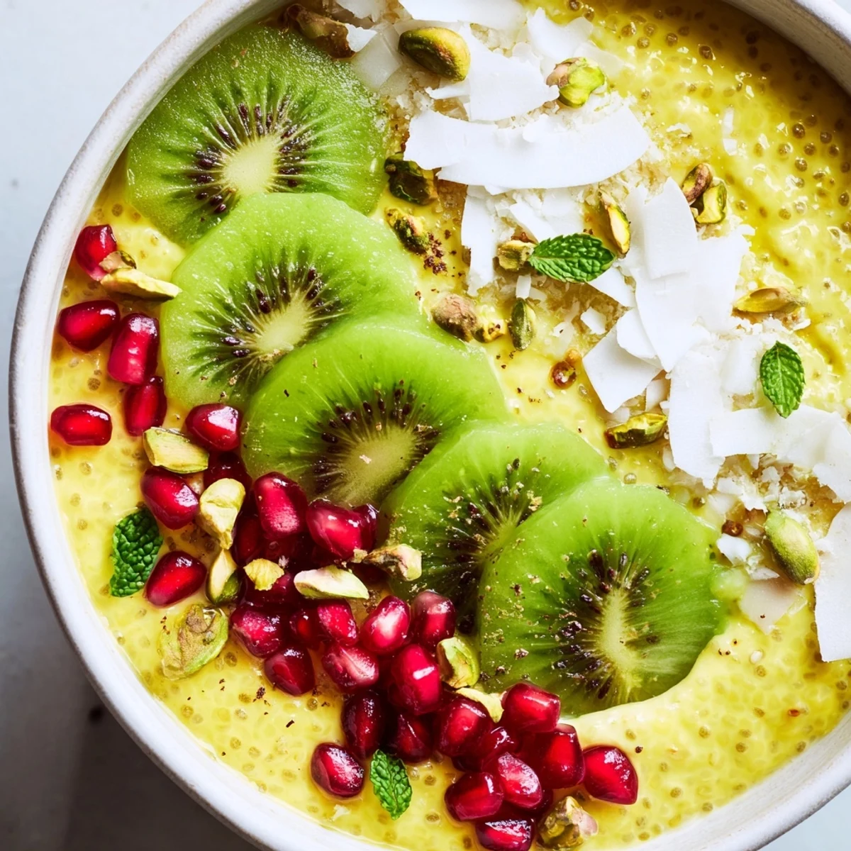 Creamy coconut milk chia breakfast bowl studded with vibrant green kiwi and fragrant saffron threads