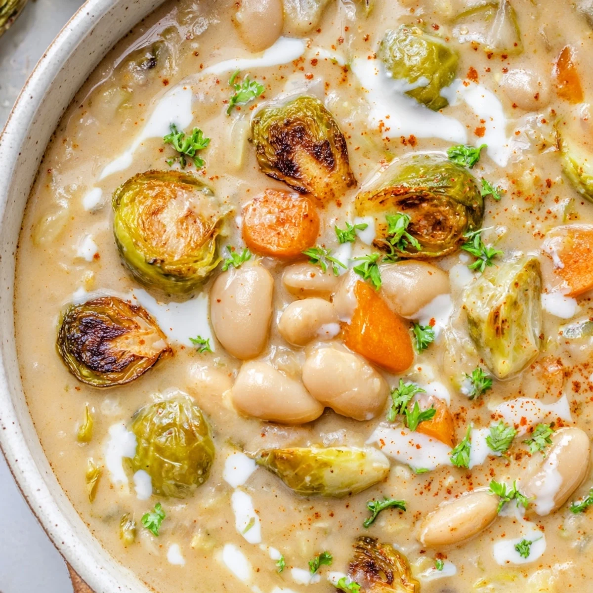 Creamy roasted Brussels sprout white bean soup ladled into a rustic bowl with fresh parsley garnish