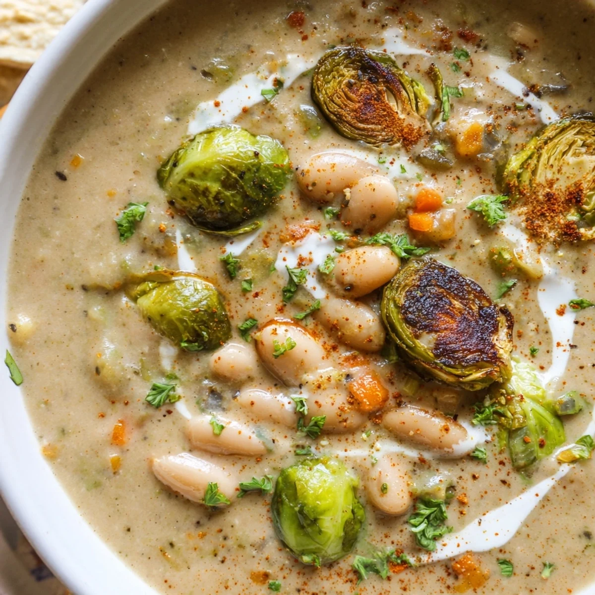 Steaming bowl of hearty roasted Brussels sprout and white bean soup topped with cracked black pepper