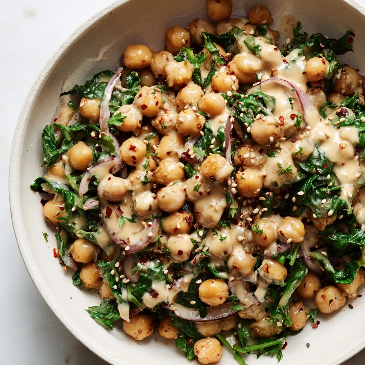 Golden sautéed chickpeas and tender spinach topped with rich garlic tahini breakfast bowl