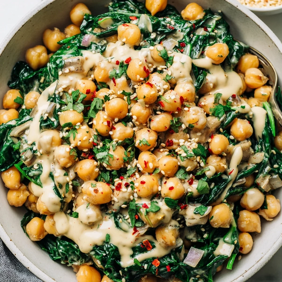 Warm garlic tahini chickpea and spinach breakfast bowl garnished with fresh parsley and sesame seeds