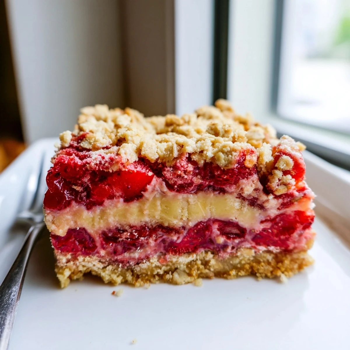 Golden oat crumble tops vibrant strawberry lemon cashew cream squares fresh from the oven