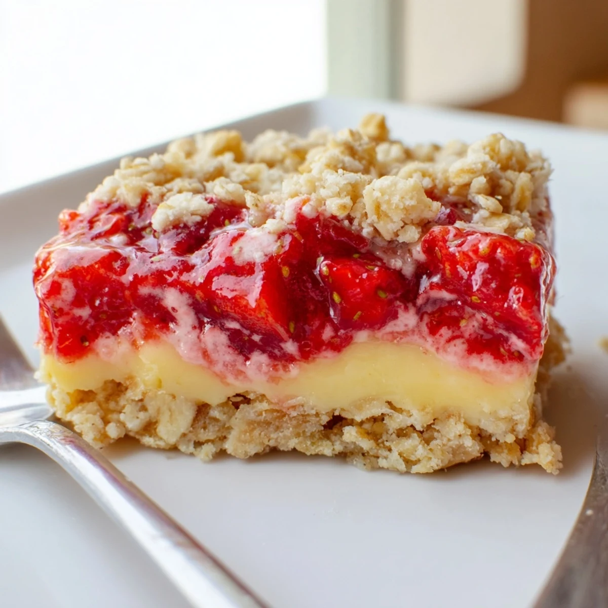 Vegan strawberry lemon cashew cream crumble squares with bubbly golden edges on a rustic pan