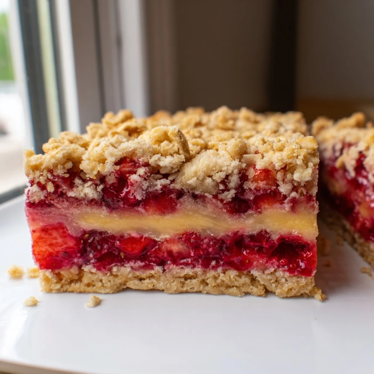Creamy lemon cashew cream layer over juicy strawberries in golden crumble squares ready to slice