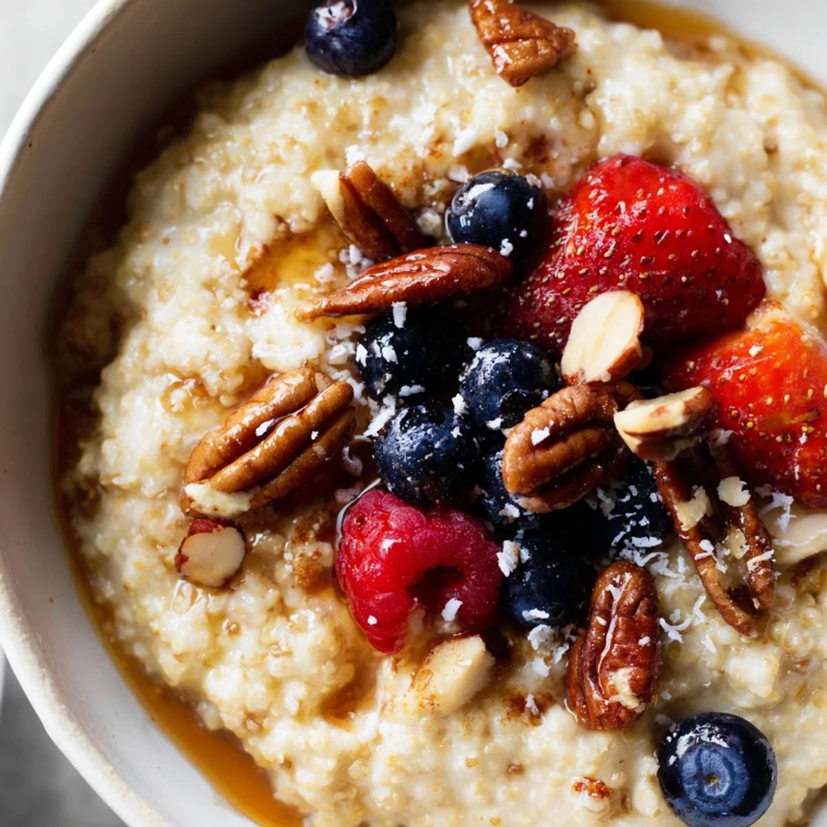 Warm vanilla maple millet porridge topped with fresh berries and toasted nuts in a rustic bowl