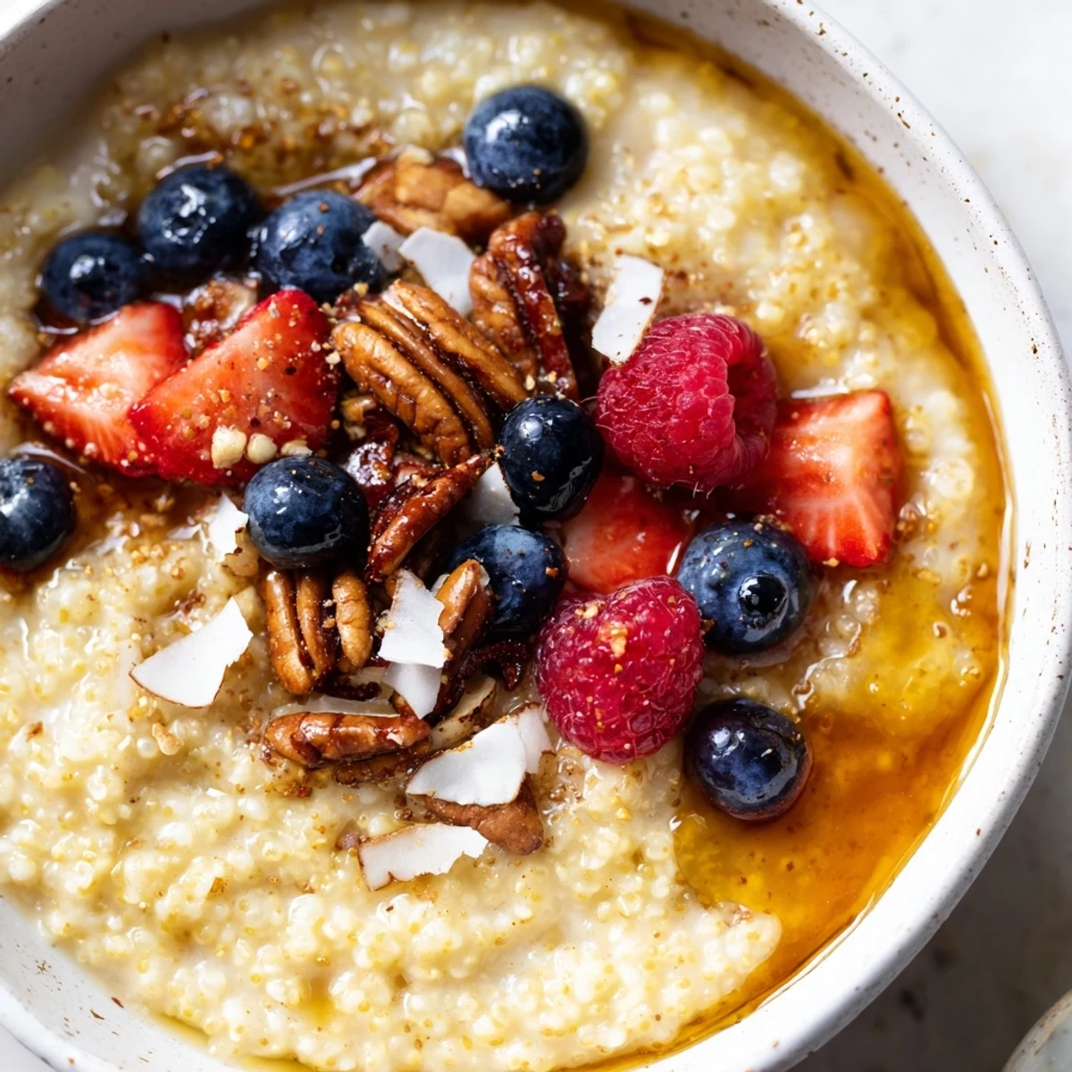 Creamy vanilla maple millet porridge drizzled with syrup and scattered with colorful seasonal berries