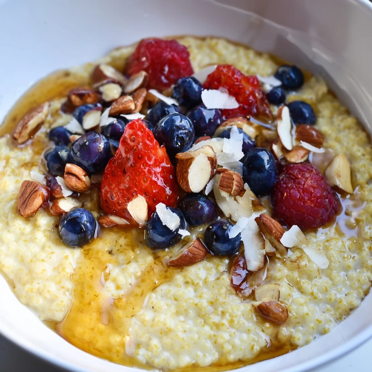 Golden vanilla maple millet porridge served steaming in a bowl alongside crunchy pecans and blueberries