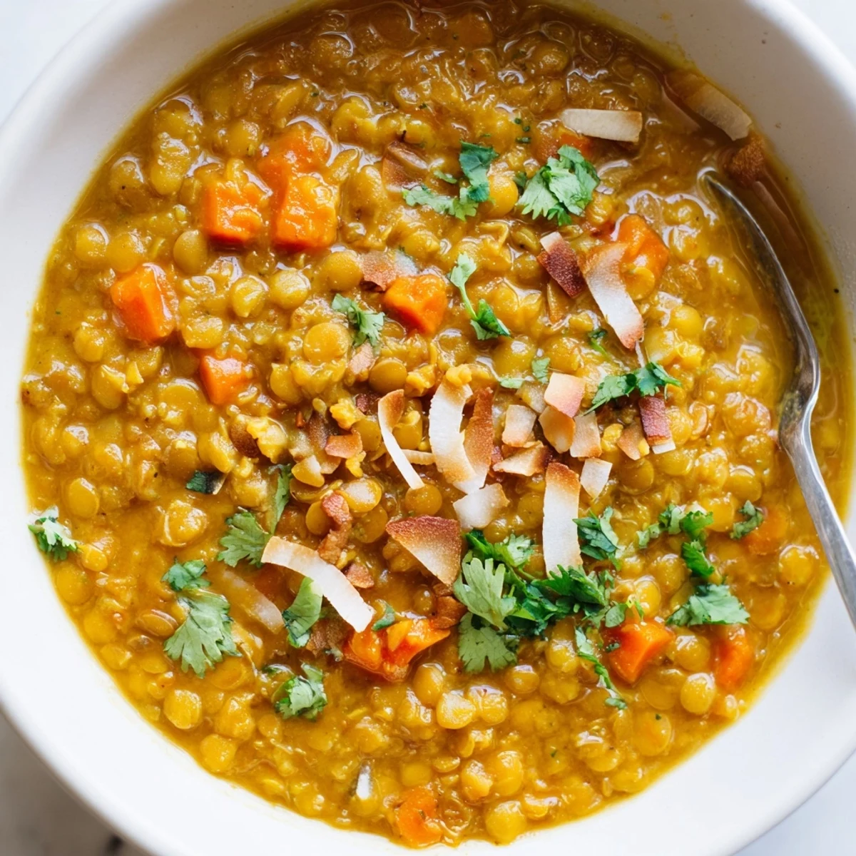 Thick golden Spiced Coconut Tomato Brown Lentil Soup served with crusty bread alongside