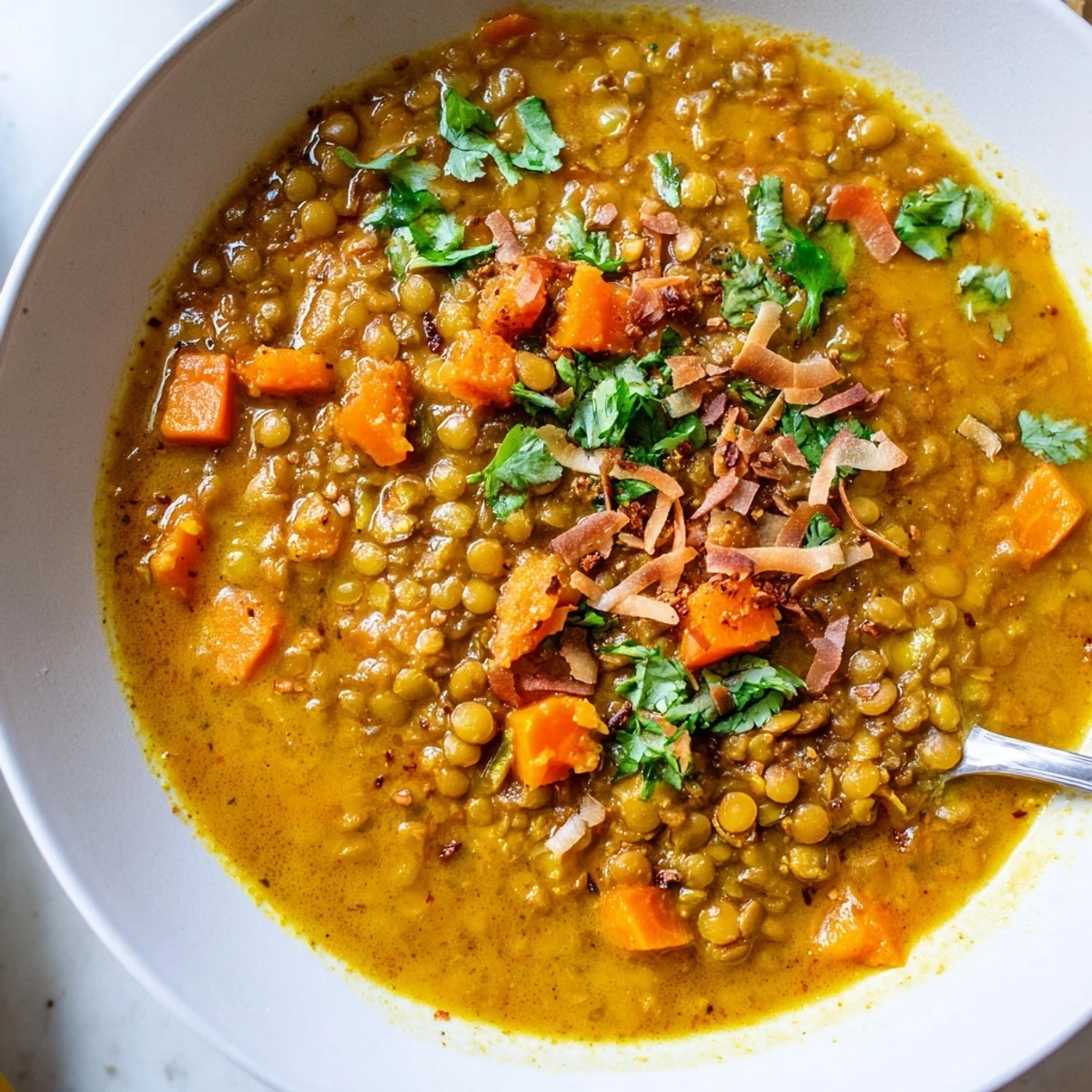 Steaming bowl of Spiced Coconut Tomato Brown Lentil Soup topped with fresh cilantro
