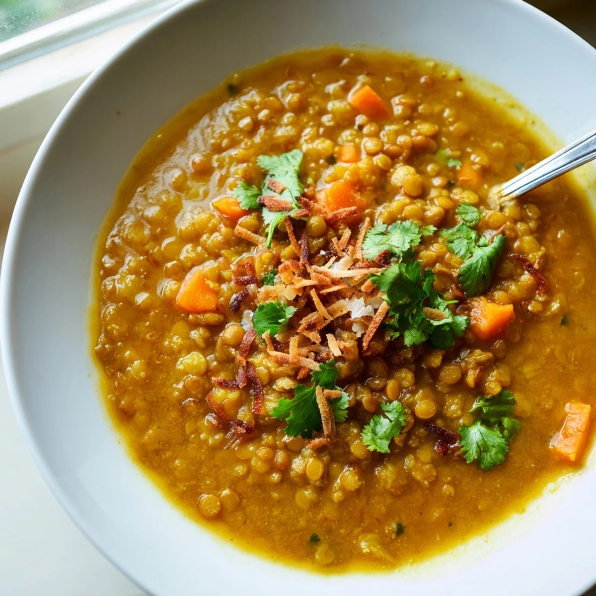Creamy Spiced Coconut Tomato Brown Lentil Soup garnished with toasted coconut flakes and lime