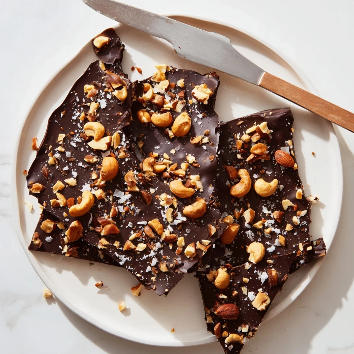Glossy dark chocolate cashew coconut crunch bark topped with flaky sea salt and golden coconut shards