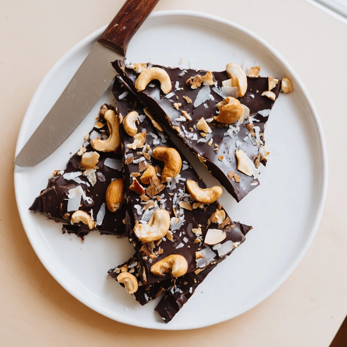 Dark chocolate cashew coconut crunch bark studded with roasted nuts broken into rustic gift-ready pieces