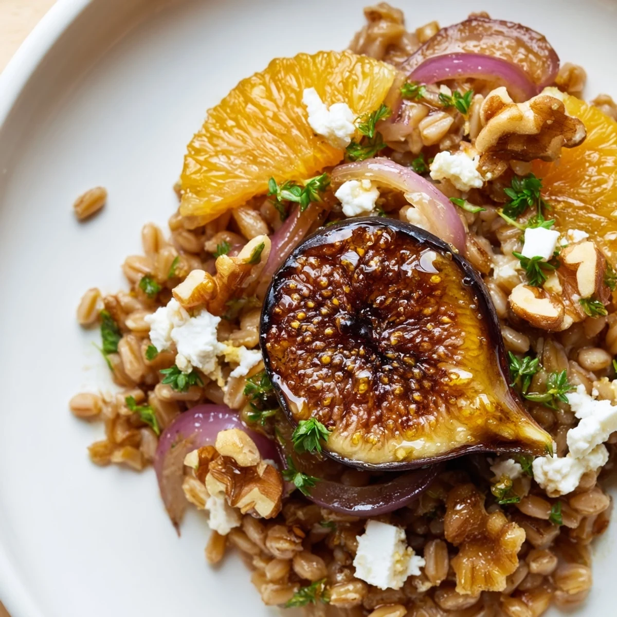 Hearty roasted fig orange thyme farro grain salad topped with crumbled feta and toasted walnuts